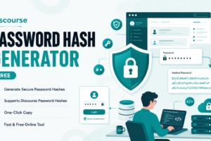Free Discourse Password Hash Generator tool showing a developer generating a secure hash and salt configuration for a Discourse PostgreSQL community database.