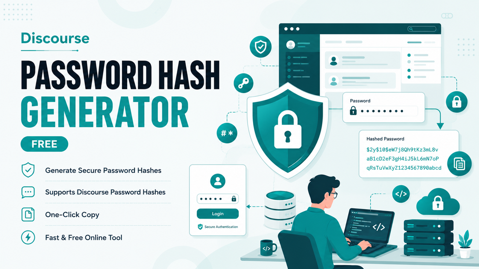 Free Discourse Password Hash Generator tool showing a developer generating a secure hash and salt configuration for a Discourse PostgreSQL community database.