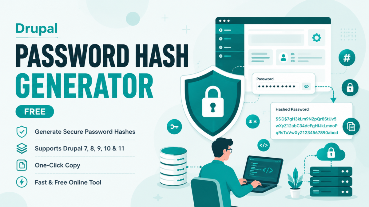 Free Drupal Password Hash Generator tool showing a developer converting a plain text password into a secure hash for Drupal 7, 8, 9, 10, and 11 databases.