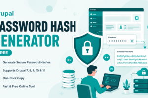 Free Drupal Password Hash Generator tool showing a developer converting a plain text password into a secure hash for Drupal 7, 8, 9, 10, and 11 databases.