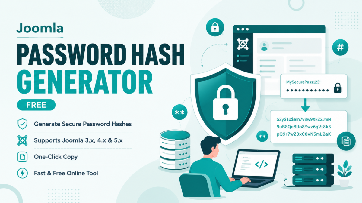 Free Joomla Password Hash Generator tool showing a developer converting plain text to secure Bcrypt encryption for Joomla 3, 4, and 5 databases.