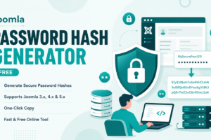 Free Joomla Password Hash Generator tool showing a developer converting plain text to secure Bcrypt encryption for Joomla 3, 4, and 5 databases.