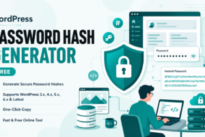 Free WordPress Password Hash Generator tool showing a developer converting a plain text password into a secure hash for WordPress 3, 4, 5, and 6 databases.