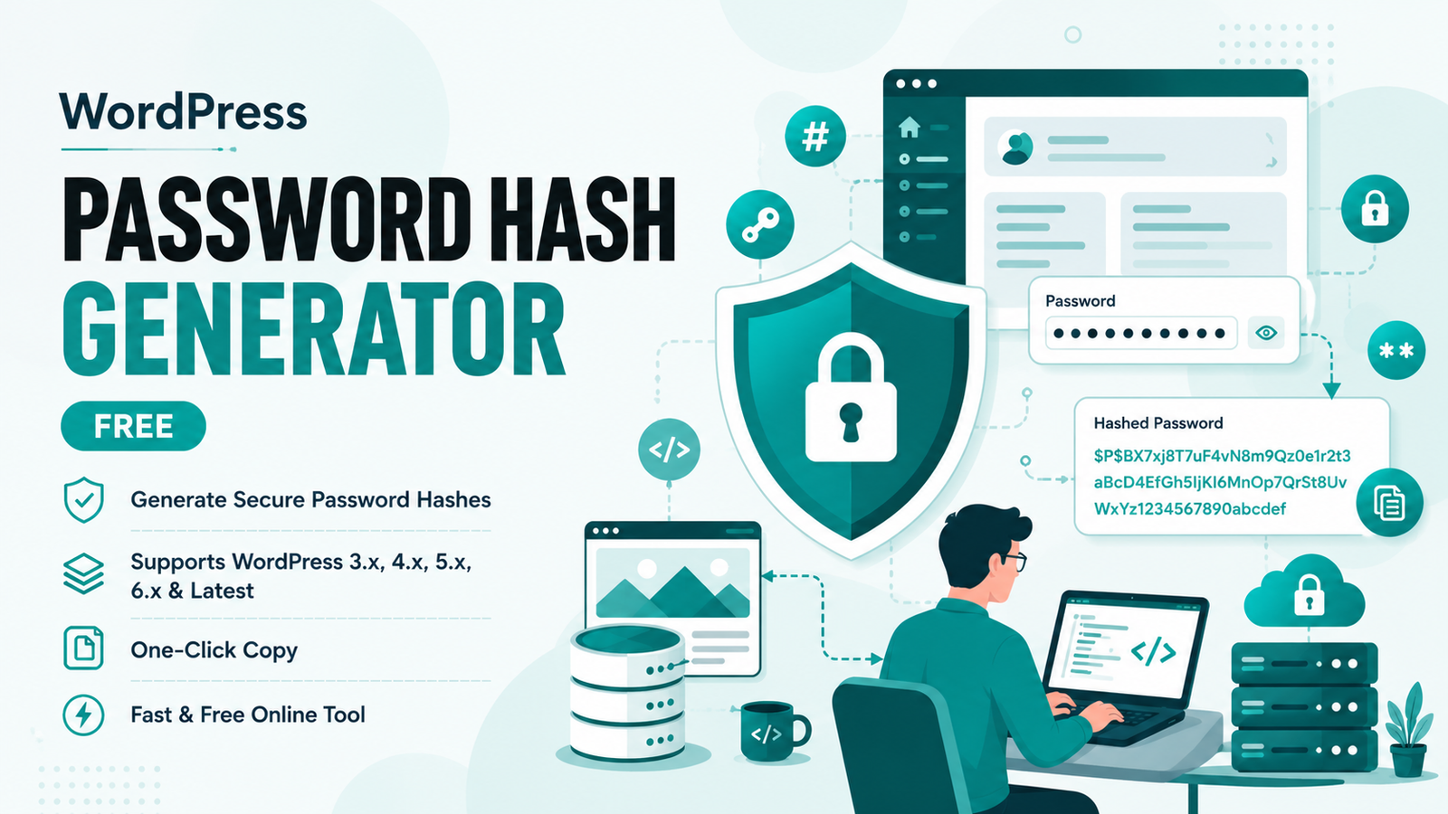 Free WordPress Password Hash Generator tool showing a developer converting a plain text password into a secure hash for WordPress 3, 4, 5, and 6 databases.