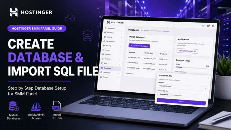 Create MySQL database and import SQL file in Hostinger hPanel for SMM panel installation