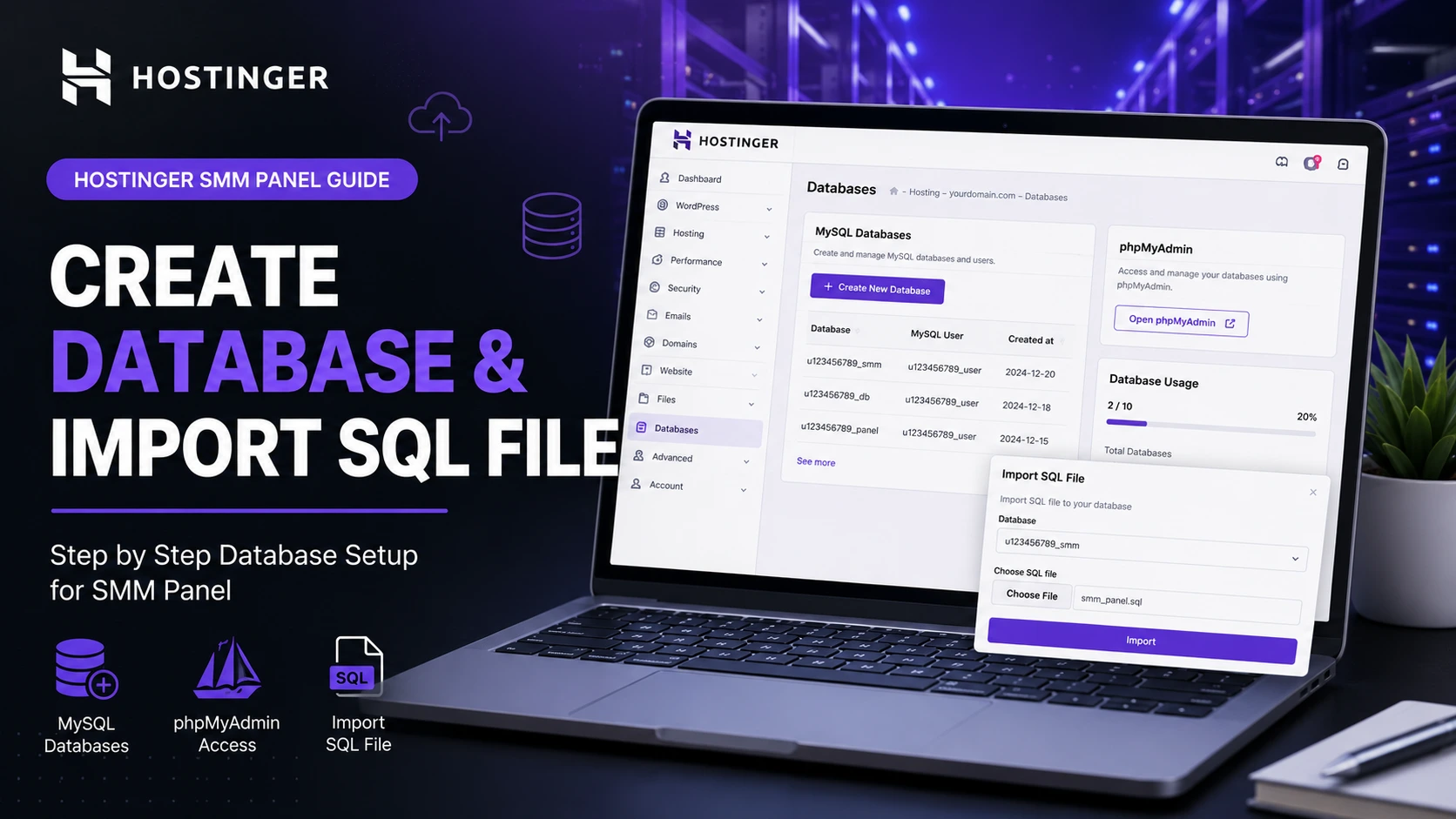 Create MySQL database and import SQL file in Hostinger hPanel for SMM panel installation