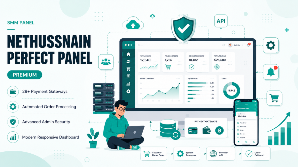 NetHussnain Perfect Panel premium SMM panel script dashboard showing order management, payment gateways, and analytics