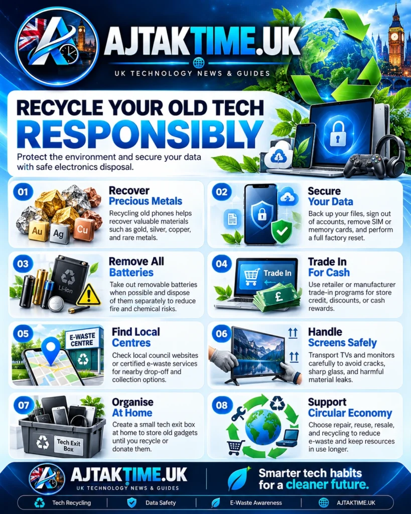 E Waste in the UK: How to Recycle Old Phones, Laptops, and Gadgets 2 Old phones, laptops and electronic gadgets prepared for recycling in the UK