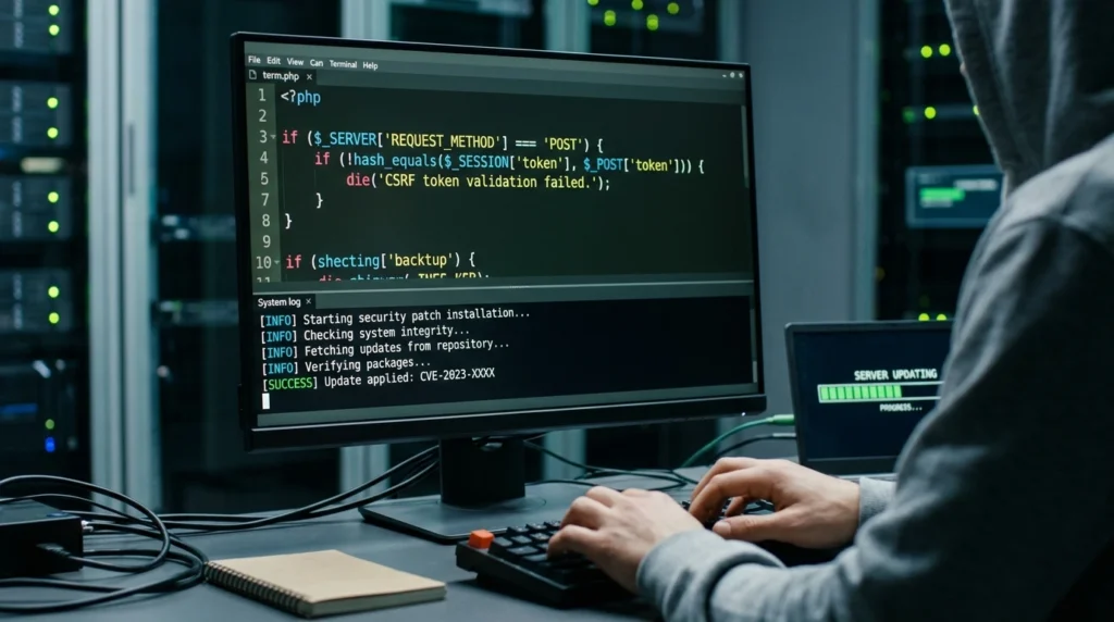 PHP code displayed on a computer monitor during a server security update