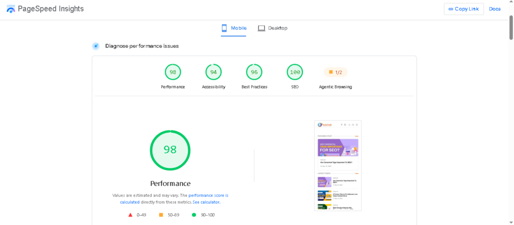 WordPress website speed optimization and performance testing results