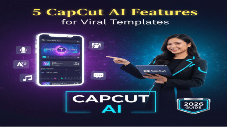 5 CapCut AI features graphic for creating viral video templates in 2026