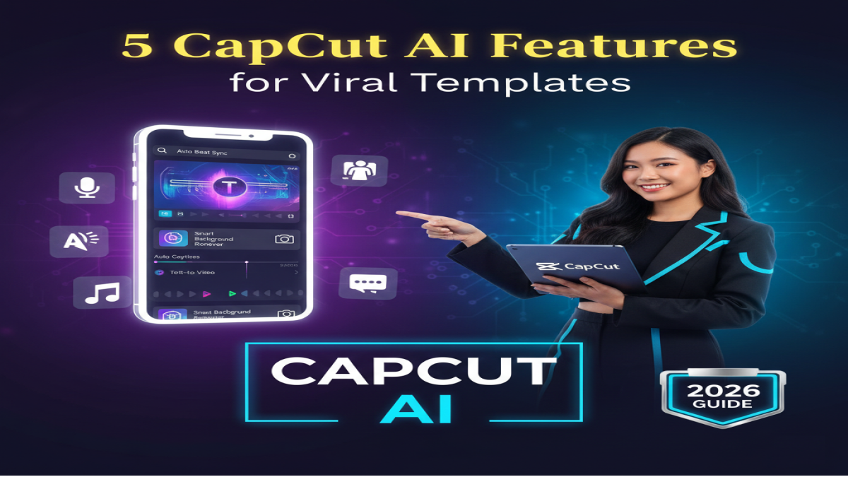 5 CapCut AI features graphic for creating viral video templates in 2026